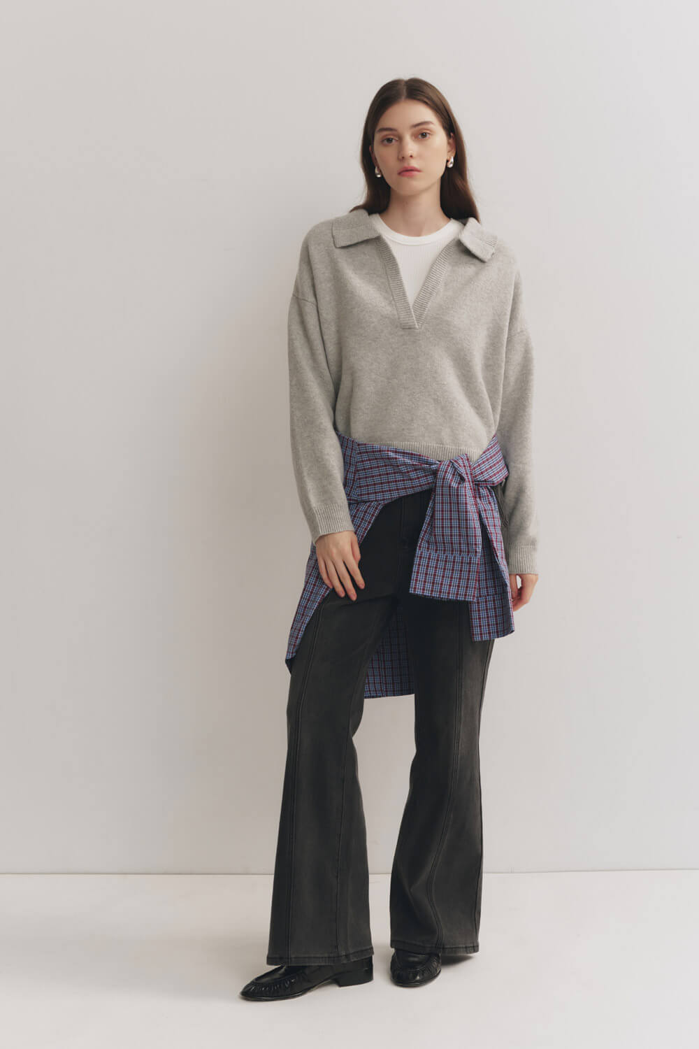 洗舊灰前壓線牛仔寬褲