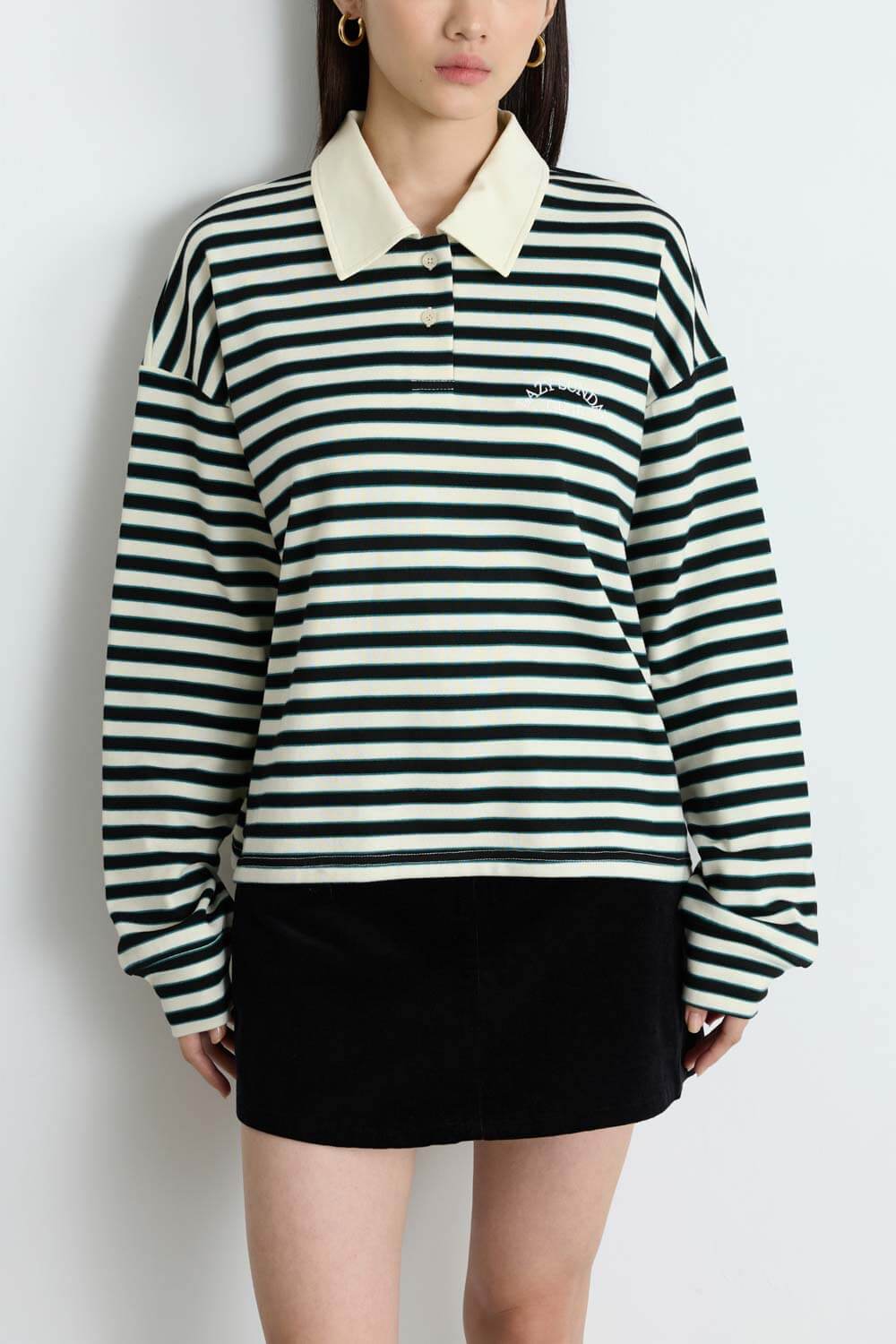 細條紋翻領長袖上衣