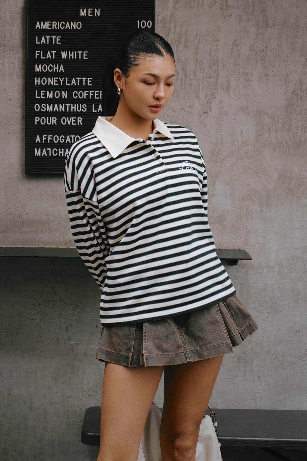 細條紋翻領長袖上衣