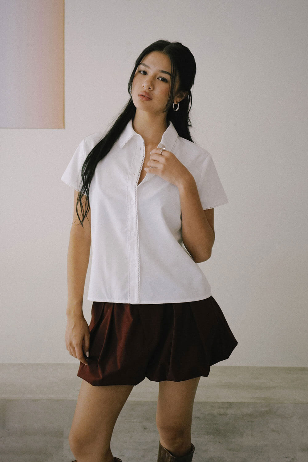 花邊裝飾短袖襯衫 花邊裝飾短袖襯衫