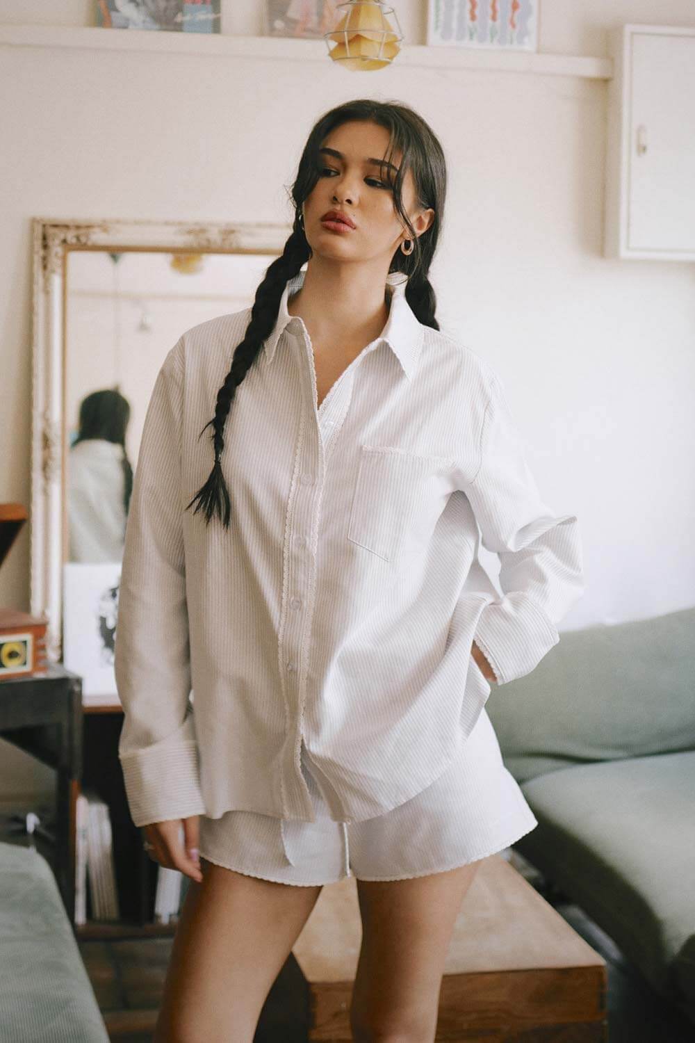 花邊裝飾條紋襯衫套裝