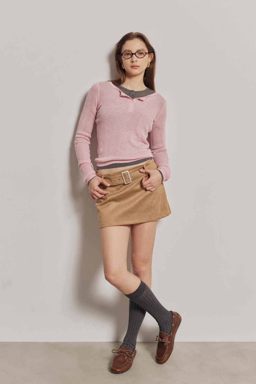 麂皮短褲裙（附腰帶）