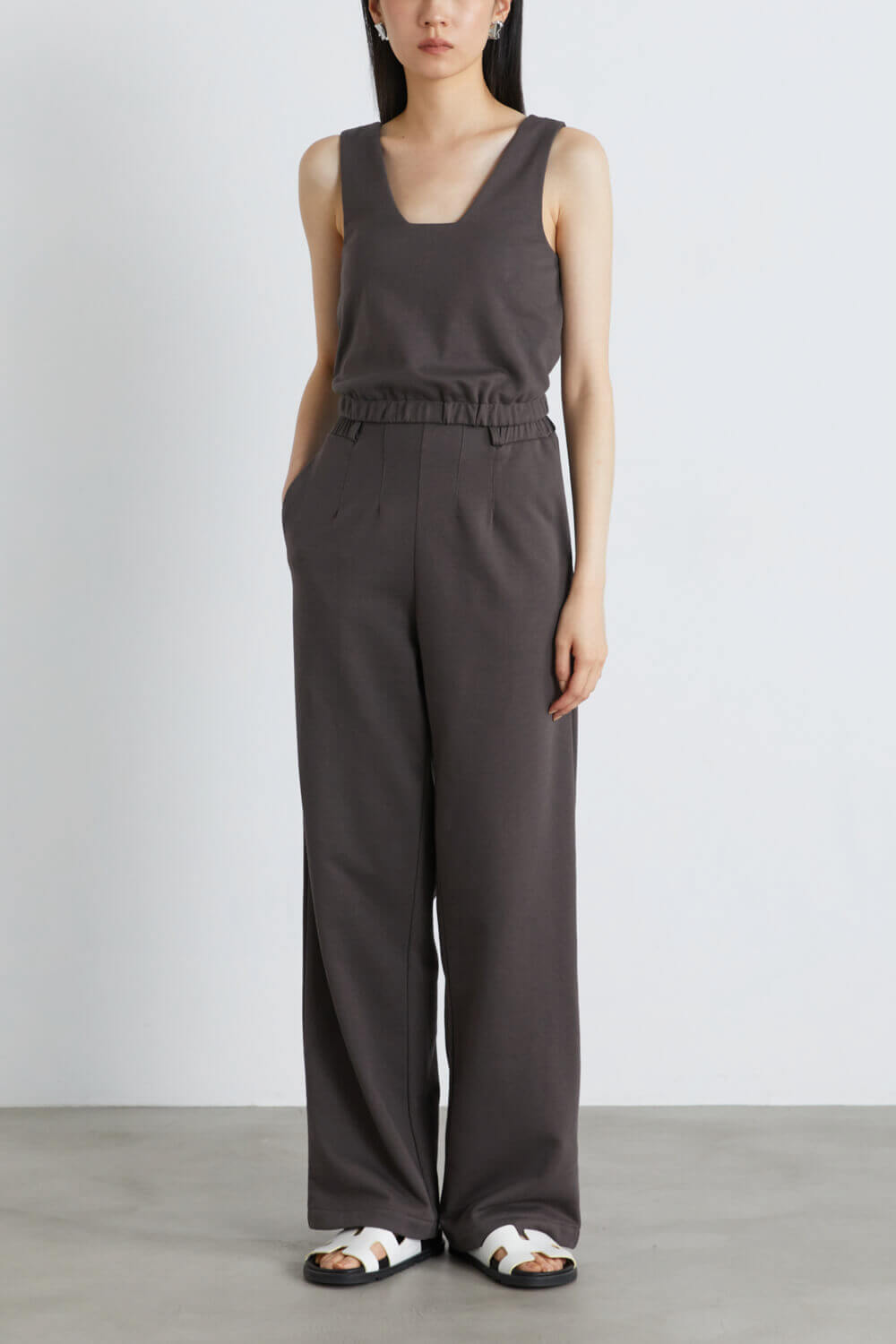 打褶直筒高腰棉褲