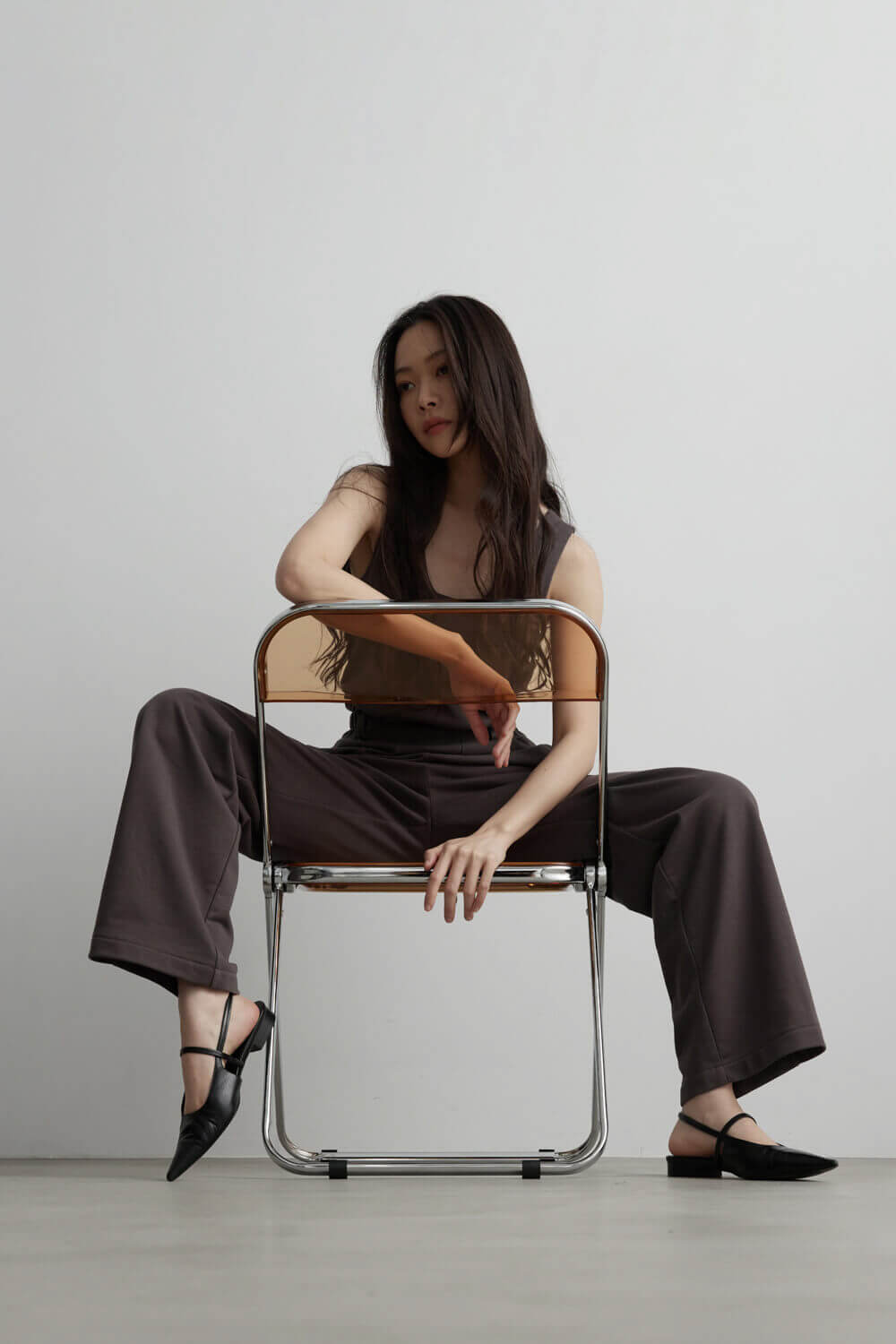 打褶直筒高腰棉褲