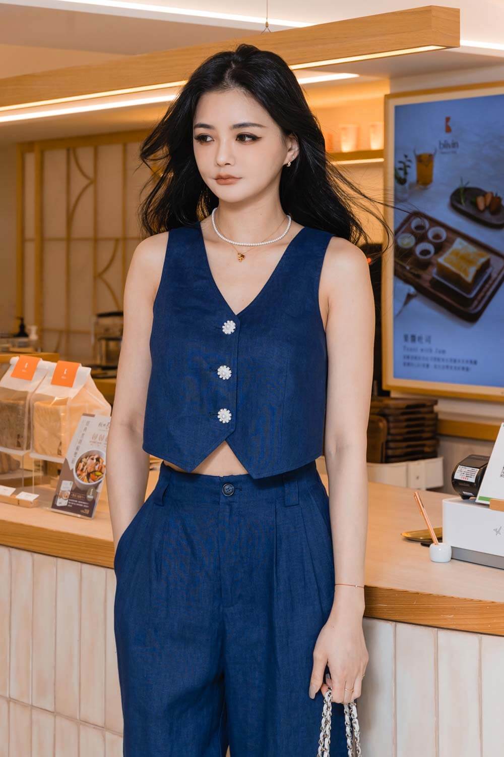 亞麻V領西裝背心