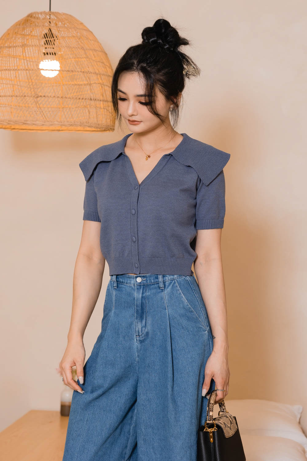 大翻領針織開襟衫