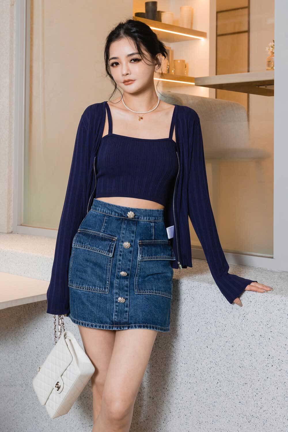 坑條合身針織套裝