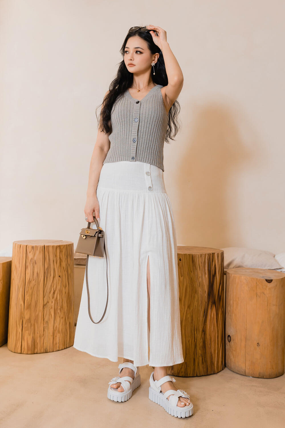 棉質開衩抽摺長裙