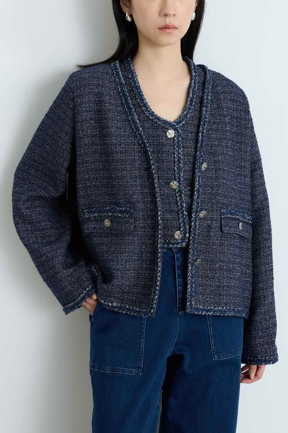 V領鑲邊花呢外套