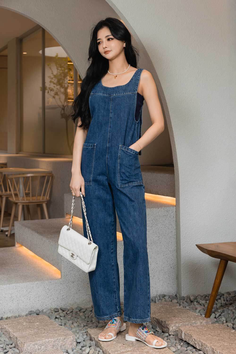 寬鬆直筒牛仔吊帶褲