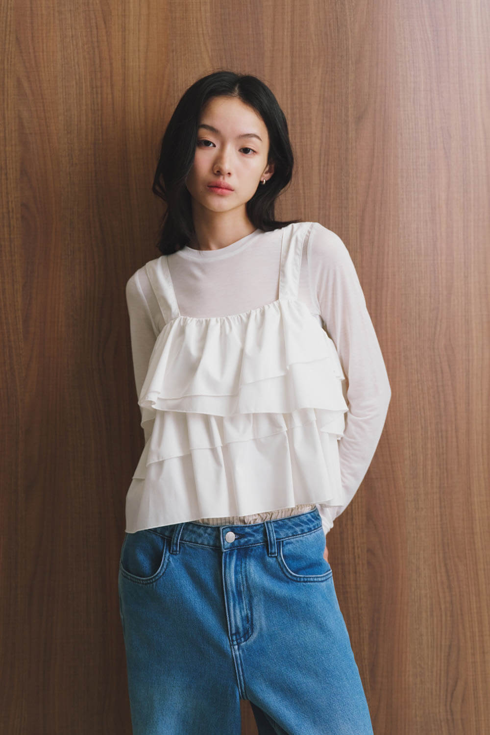 透膚上衣荷葉背心套組