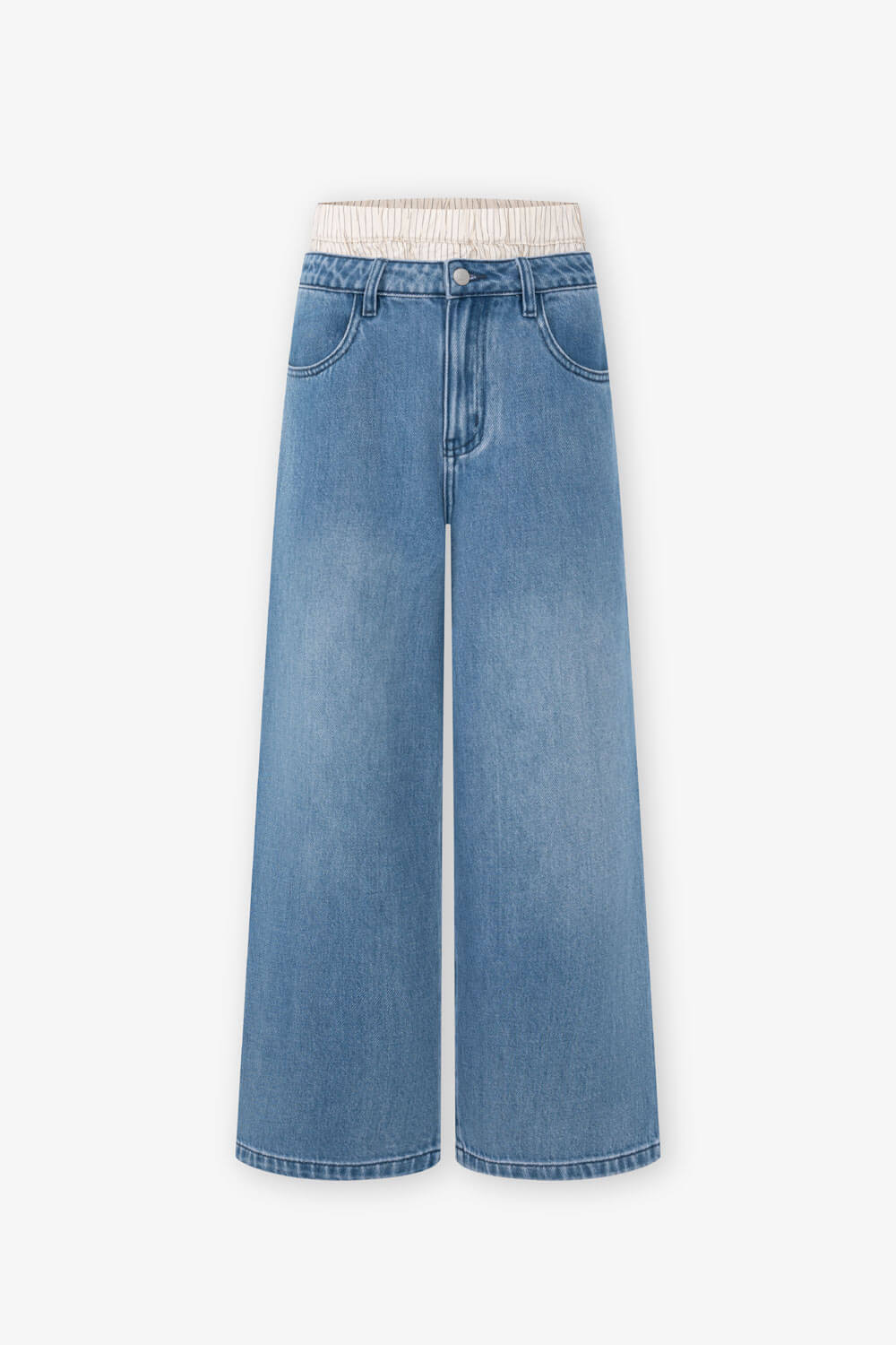 條紋拼接牛仔寬褲