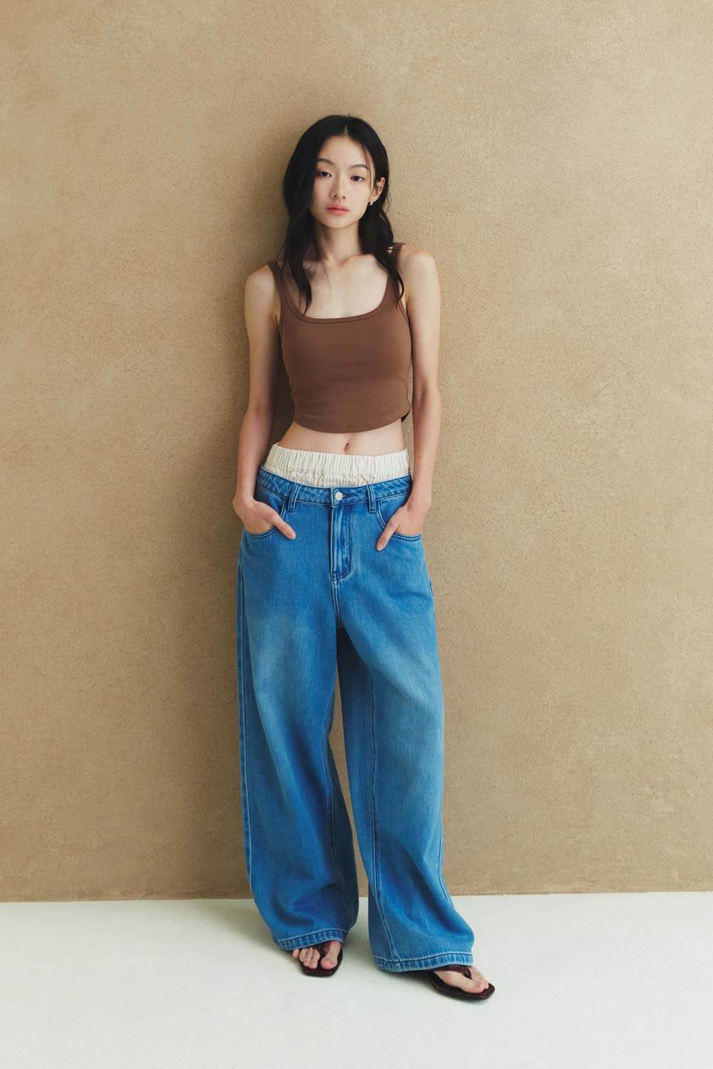 條紋拼接牛仔寬褲